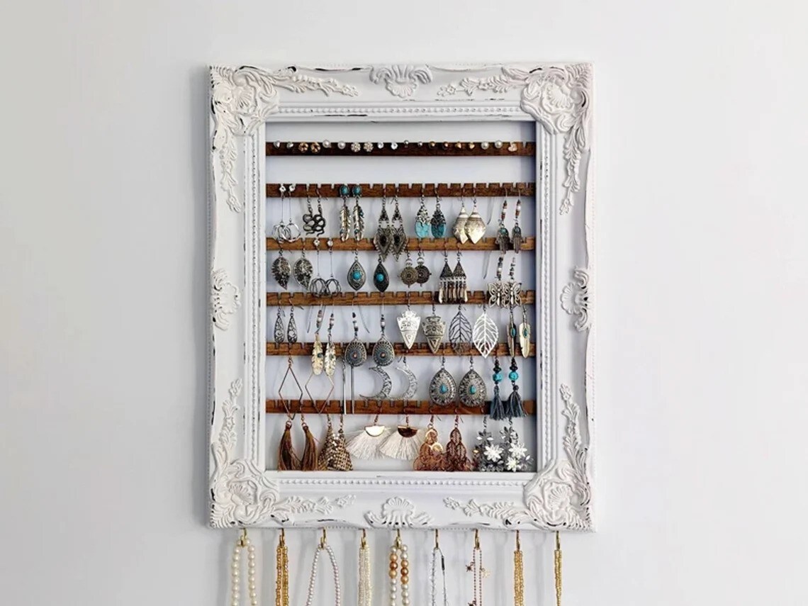 Amazon.com: Mkono Wall Mounted Jewelry Organizer Rustic Necklace Holder Earring  Display Rack with 30 Hooks and Shelf Wooden Hanging Necklace Hanger for Necklaces  Earrings Bracelets Rings : Home & Kitchen